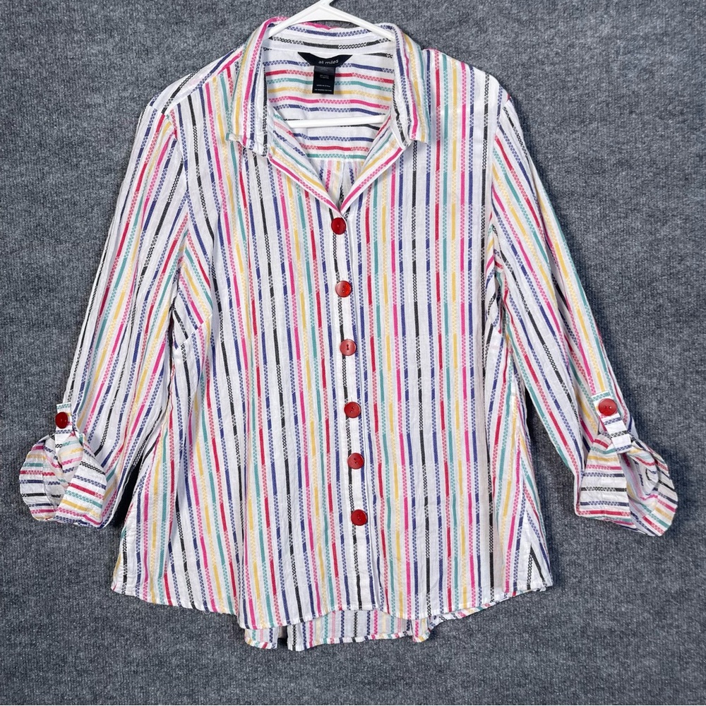 Ali Miles Womens Large Rainbow Stripe Button Front Wire Collar Artsy Tunic‎ Top